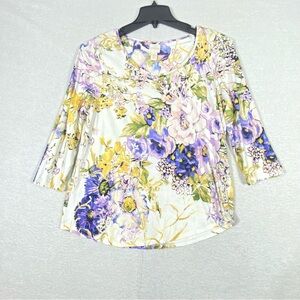 Chico's Lavender Toss Tee Women's 2 (LRG/12)  Multi Floral 3/4 Sleeve Round Neck